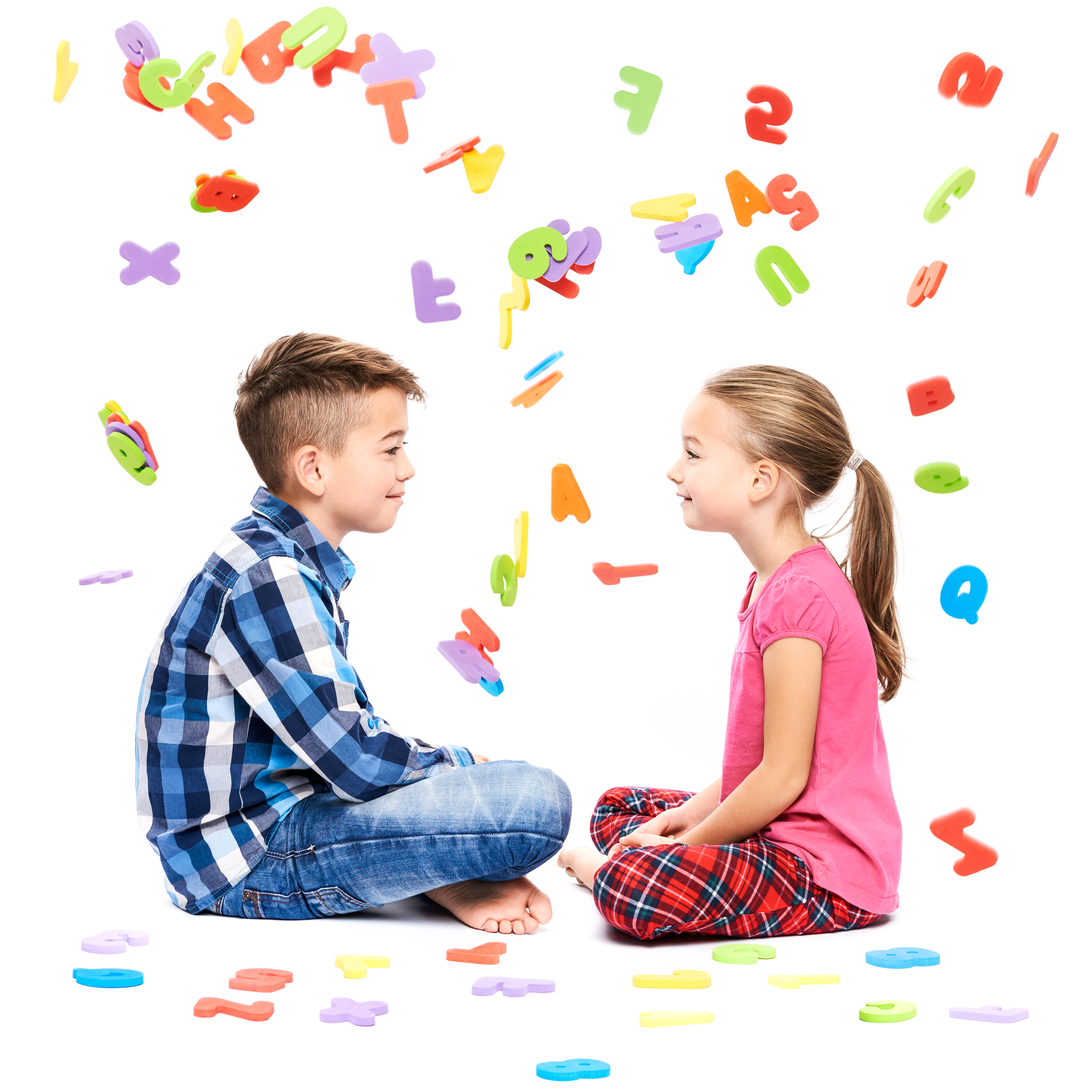 Cute children with large colorful alphabet letters on white background. Kids speech therapy concept. Speech impediment, logopedy background.